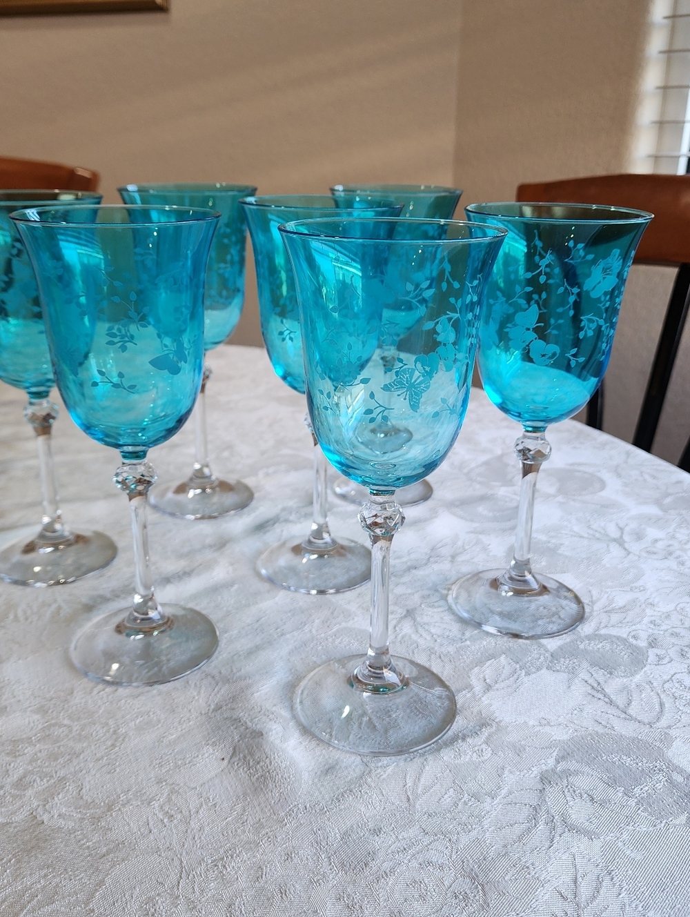 Le Stelle Italian Crystal Wine Glasses in Teal Butterfly Pattern, Set of 7